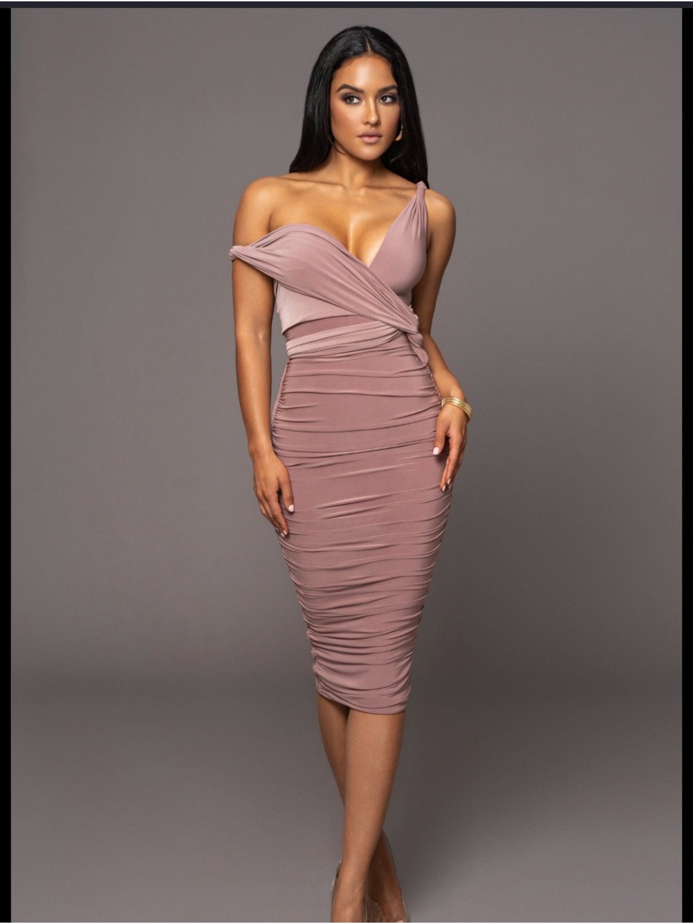 JLUXLABEL One-Shoulder Ruched Midi Dress in Dusty Mauve